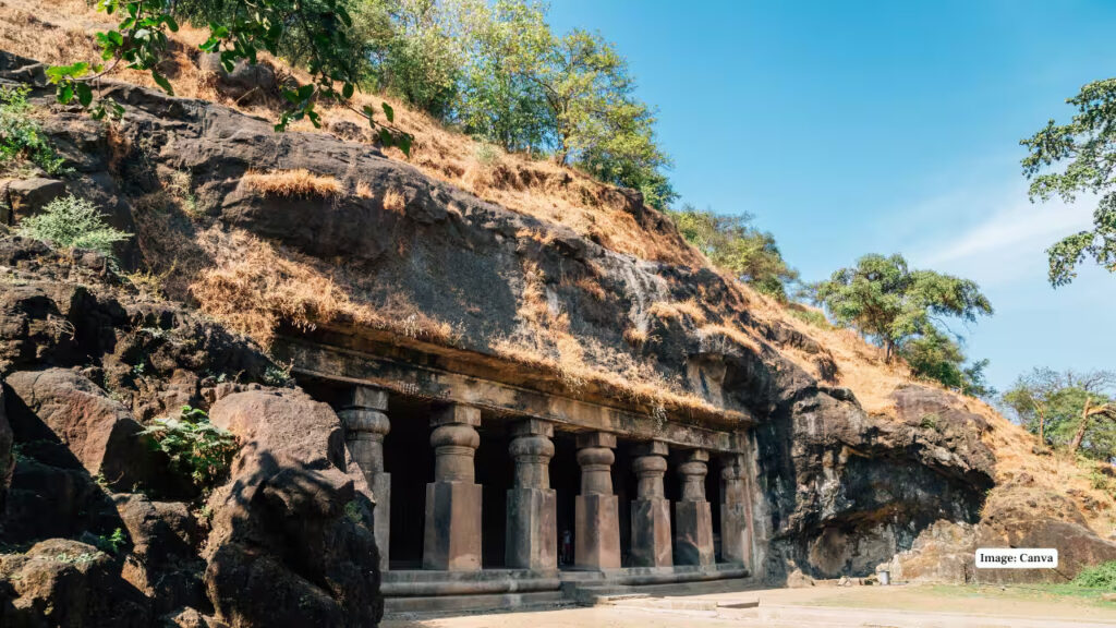 Ancient rock-cut sculptures inside Elephanta Caves on Elephanta Island