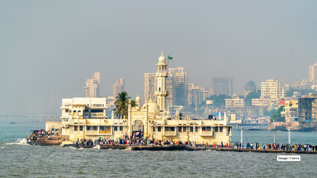 Haji Ali Dargah surrounded by the Arabian Sea, connected by a causeway
