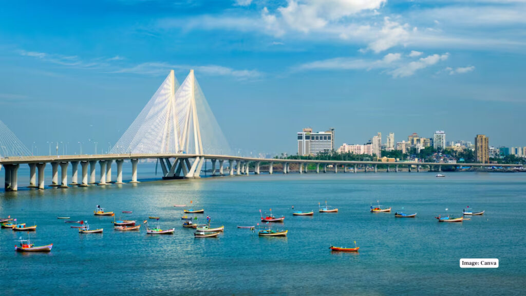 Bandra-Worli Sea Link with cars and lights during twilight